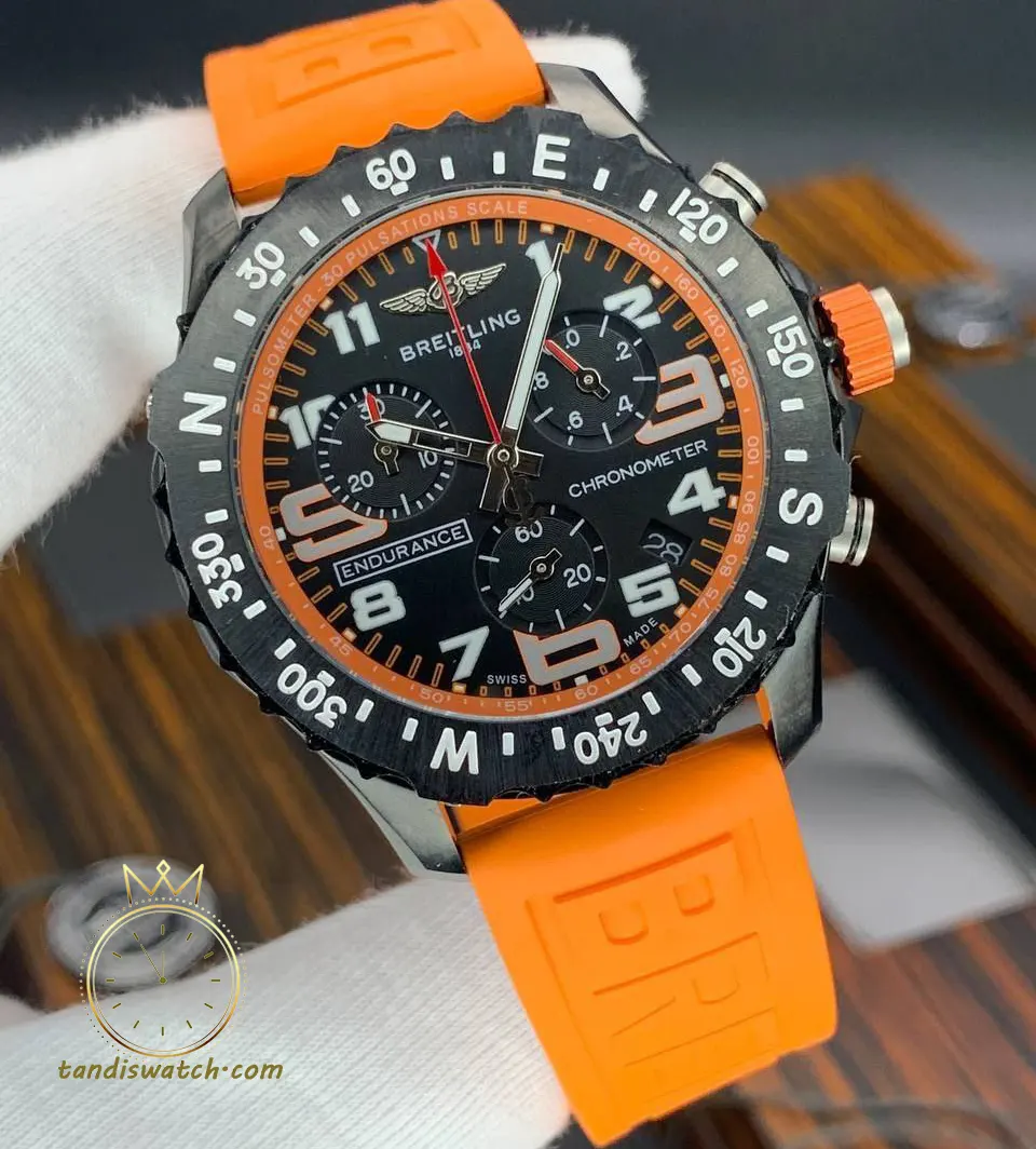 ساعت مردانه برایتلینگ بند نارنجی صفحه مشکی nmB60m